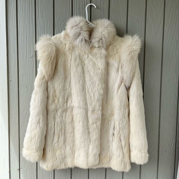 Vintage 1960s Rabbit Fur Coat, Blue Fox Trim, Asymmetric Zip M/L - Picture 1 of 14